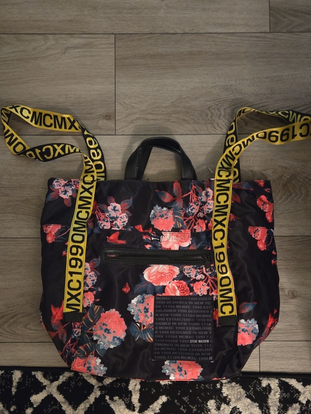 Steve Madden MCMXC 1990 Floral Nylon Tote Bag Black Pink Logo Guitar Strap